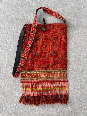 Z&L Cross Stitch Embroidered Crossbody Bag Thailand Boho Beaded Fringe Festival